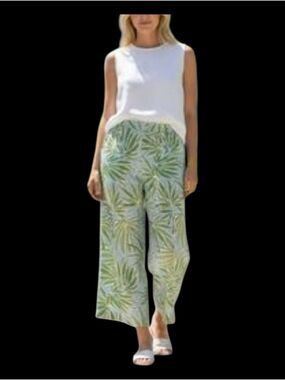 Sigrid Olsen Leaf Print Ankle Cropped 100% Linen Pants S